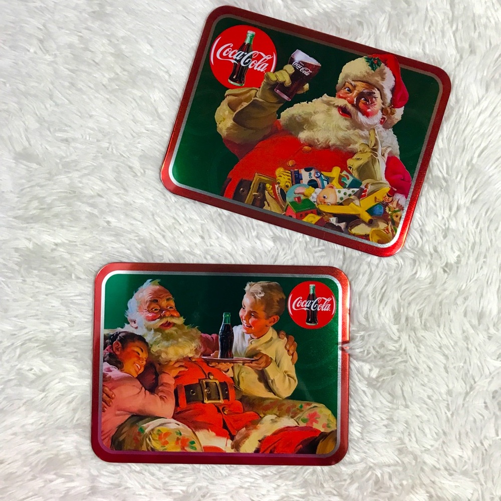 NWOT Set of 2 Vintage Coca-Cola Santa and Sweet Kids Tin Trivet and Wall Plaque